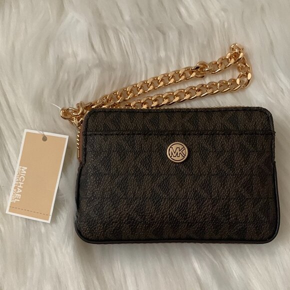 MICHAEL KORS Medium Zip Around Card Case on a Chain in Dark Brown - Picture 1 of 3